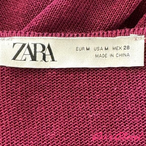 Zara Women's Linen Blend Sz M Burgundy Aubergine Cardigan Top Long Sleeves - Picture 10 of 13